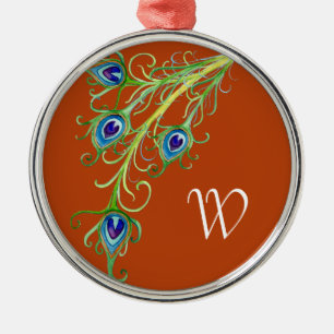 Art Deco Nouveau Style Peacock Feathers Swirl Metal Ornament