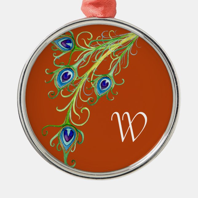 Art Deco Nouveau Style Peacock Feathers Swirl Metal Ornament (Front)