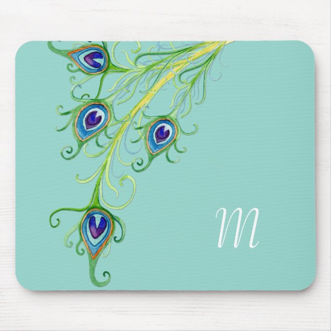 Art Deco Nouveau Style Peacock Feathers Swirl Mouse Pad (Front)