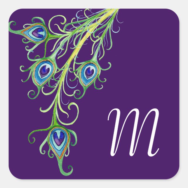 Art Deco Nouveau Style Peacock Feathers Swirl Square Sticker (Front)