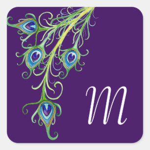 Art Deco Nouveau Style Peacock Feathers Swirl Square Sticker