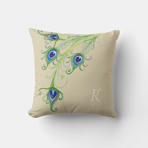 Art Deco Nouveau Style Peacock Feathers Swirl Throw Pillow