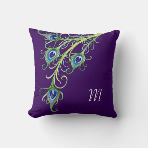 Art Deco Nouveau Style Peacock Feathers Swirl Throw Pillow