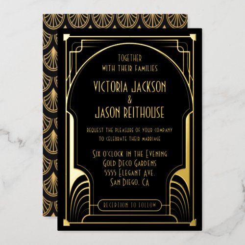 Art Deco Nouveau Wedding Gold  Black Wedding Foil Invitation