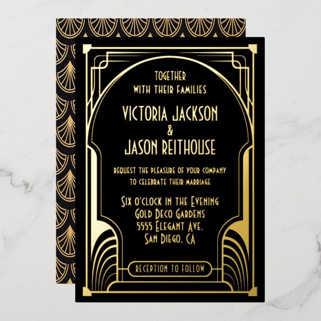 Art Deco Nouveau Wedding Gold & Black Wedding Foil Invitation (Front/Back)