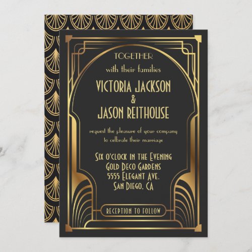 Art Deco Nouveau Wedding Gold  Black Wedding Invitation