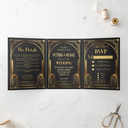 Art Deco Nouveau Wedding Tri-Fold Invitation