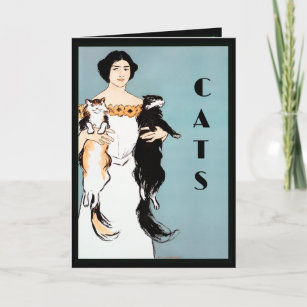 Art Deco Nouveau Woman Holding Cats Calico Tuxedo Card
