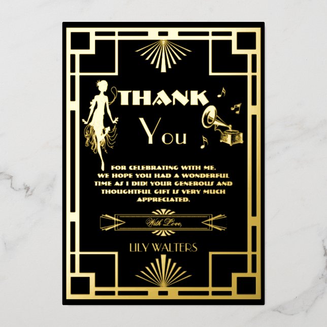 Art Deco Nouveu Gatsby Roaring Twenties Thank You  Foil Invitation (Front)