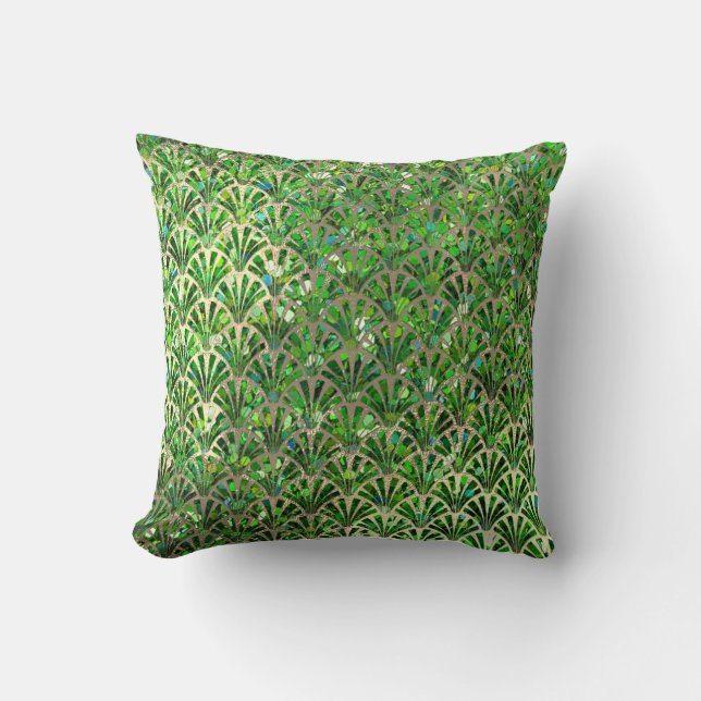 Art Deco Ocean Green Sepia Tropical Seashell Scale Throw Pillow (Front)