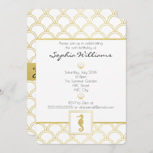 Art Deco Ocean Wave Gold Glitter Seahorse Birthday Invitation