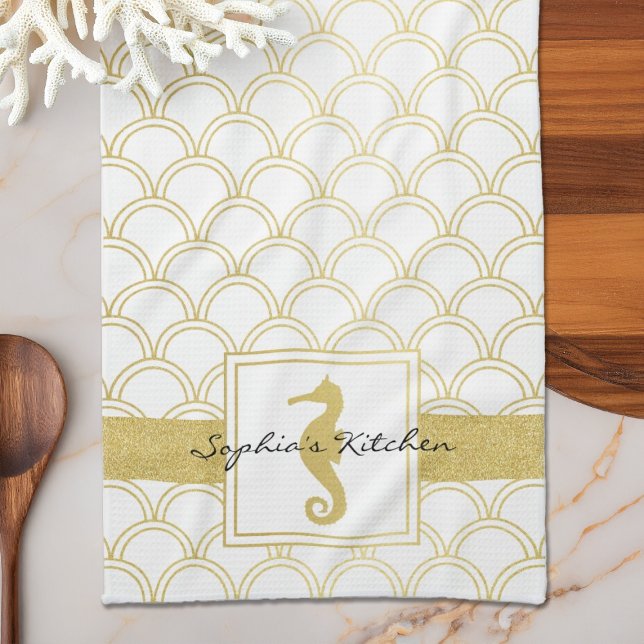 Art Deco Ocean Wave Gold Seahorse Beach House Kitchen Towel (Creator Uploaded)