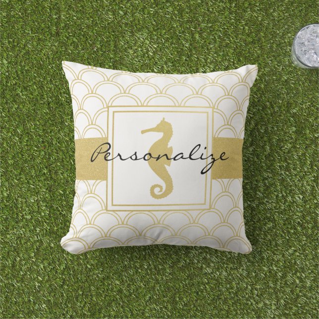 Art Deco Ocean Wave Gold Seahorse Beach House Outdoor Pillow (Grass)