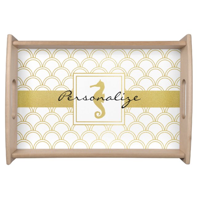 Art Deco Ocean Wave Gold Seahorse Beach House Serving Tray (Front)