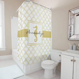 Art Deco Ocean Wave Gold Seahorse Beach House Shower Curtain