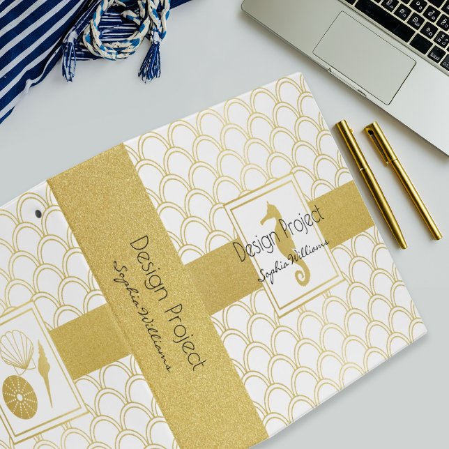 Art Deco Ocean Wave Patten Gold Glitter Seahorse 3 Ring Binder (Creator Uploaded)