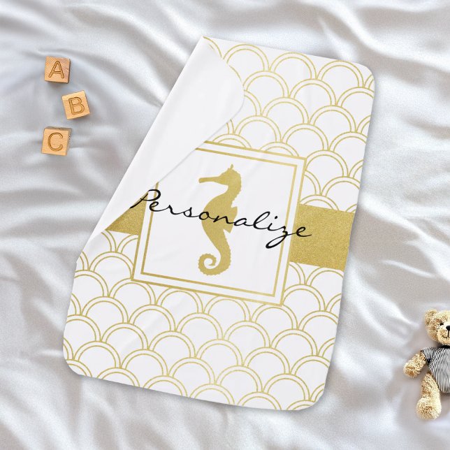 Art Deco Ocean Wave Patten Gold Glitter Seahorse Baby Blanket (Creator Uploaded)