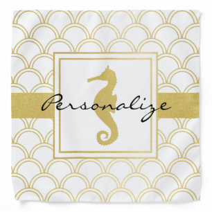 Art Deco Ocean Wave Patten Gold Glitter Seahorse Bandana