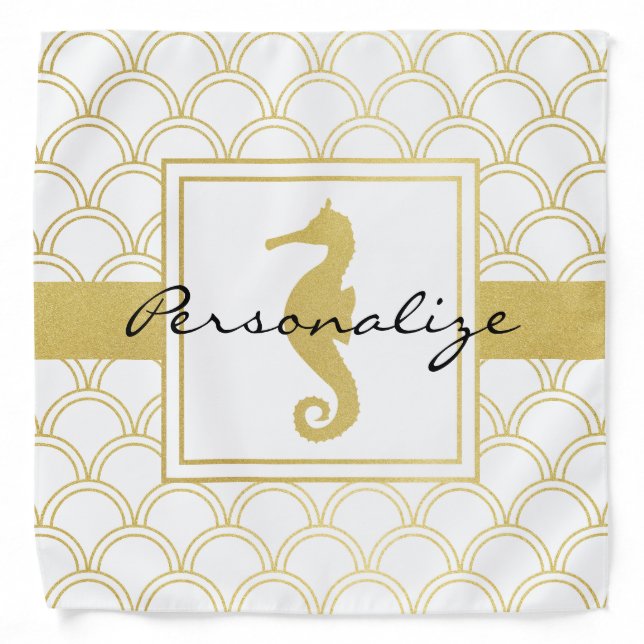 Art Deco Ocean Wave Patten Gold Glitter Seahorse Bandana (Front)