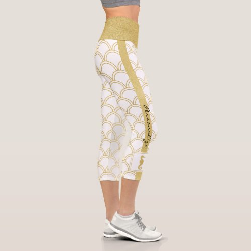 Art Deco Ocean Wave Patten Gold Glitter Seahorse Capri Leggings