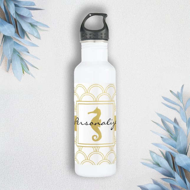 Art Deco Ocean Wave Patten Gold Glitter Seahorse Stainless Steel Water Bottle (Creator Uploaded)