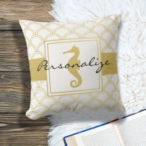 Art Deco Ocean Wave Patten Gold Glitter Seahorse Throw Pillow