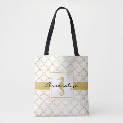 Art Deco Ocean Wave Patten Gold Glitter Seahorse Tote Bag