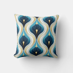 Art Deco Ogee Design Blue Cream Gold Throw Pillow 