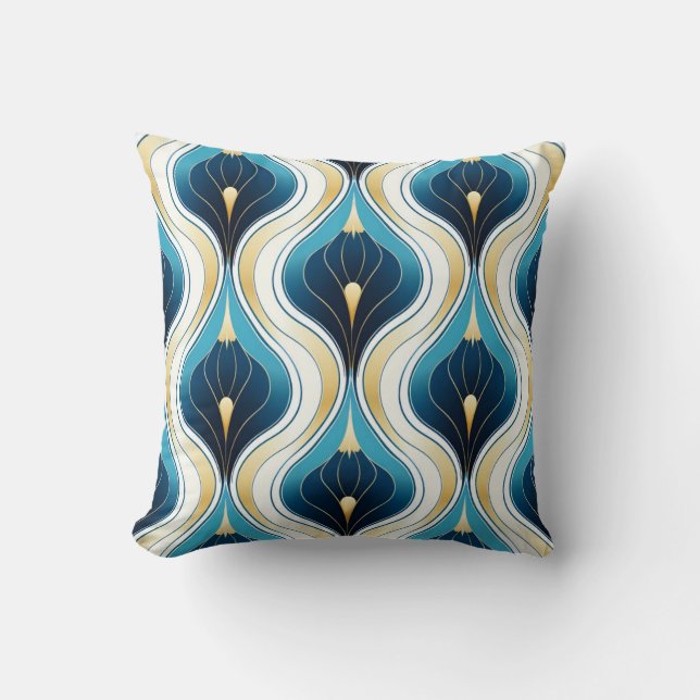 Art Deco Ogee Design Blue Cream Gold Throw Pillow  (Front)