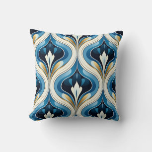 Art Deco Ogee Design Blue Cream Gold Throw Pillow