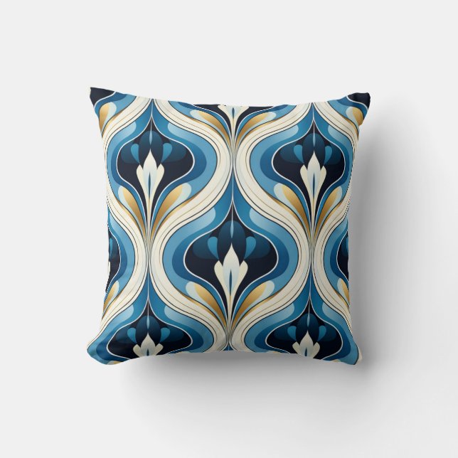Art Deco Ogee Design Blue Cream Gold Throw Pillow (Front)