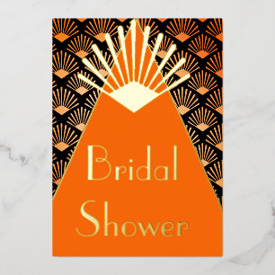 Art Deco Orange Black Gold Bridal Shower Foil Invitation