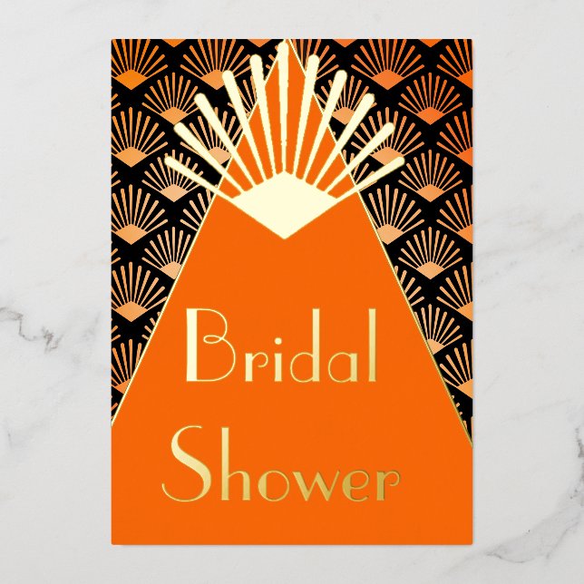 Art Deco Orange Black Gold Bridal Shower  Foil Invitation (Front)