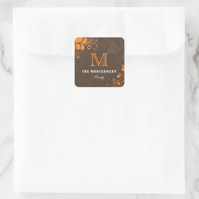 Art Deco Orange Swirls Monogram Thanksgiving Party Square Sticker (Bag)