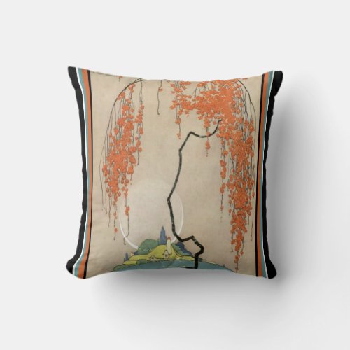 Art Deco Oriental Coral Blossoms Throw Pillow