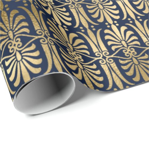 Art Deco Ornament Black Gold Elegant Blue Navy Wrapping Paper