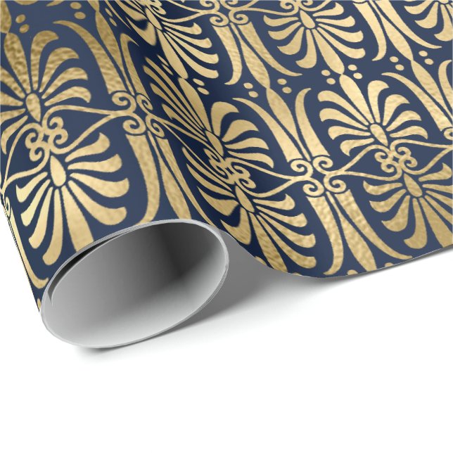Art Deco Ornament Black Gold Elegant Blue Navy Wrapping Paper (Roll Corner)