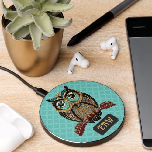 Art Deco Owl with Beads on Two_tone Turquoise Wireless Charger