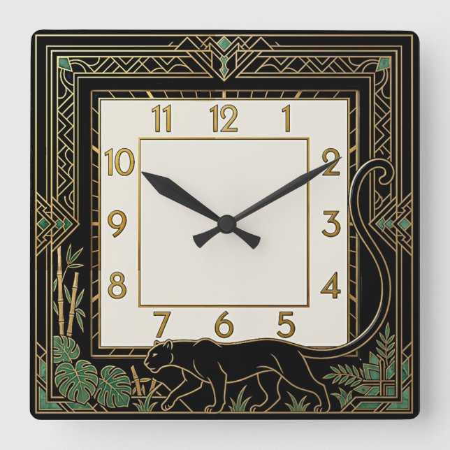 Art Deco Panther Square Wall Clock (Front)