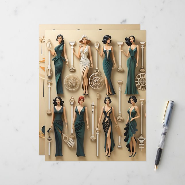 Art Deco Paper Dolls Scrapbook Paper (Front/Back In Situ)