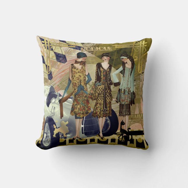 Art Deco Parisian Flappers Throw Pillow (Front)