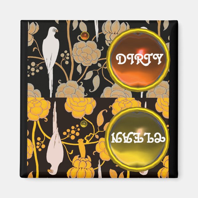 ART DECO PARROTS BROWN YELLOW FLOWERS  DIRTY CLEAN MAGNET (Front)