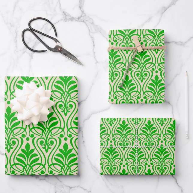 Art Deco Pattern 01 - Dark Lime Green on Off-White Wrapping Paper Sheets (Front)