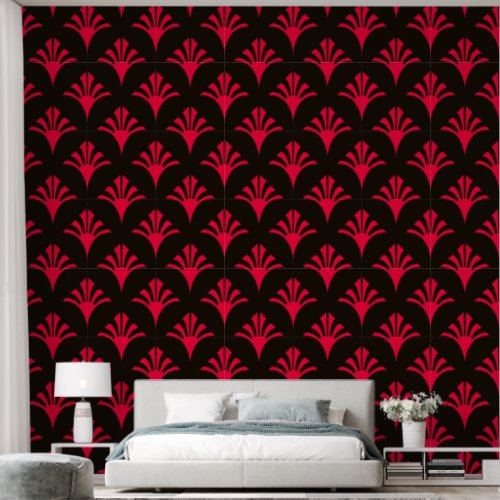 Art Deco Pattern 02 _ Carmine Red on Black Wallpaper