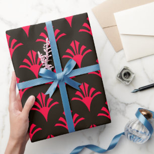 Art Deco Pattern 02 - Carmine Red on Black Wrapping Paper