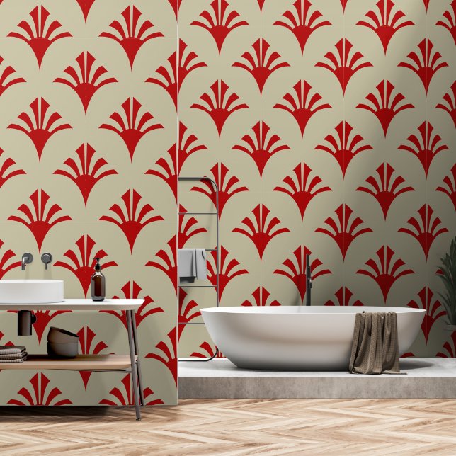 Art Deco Pattern 02 - Escher Red on Off-White Wallpaper (Bathroom)