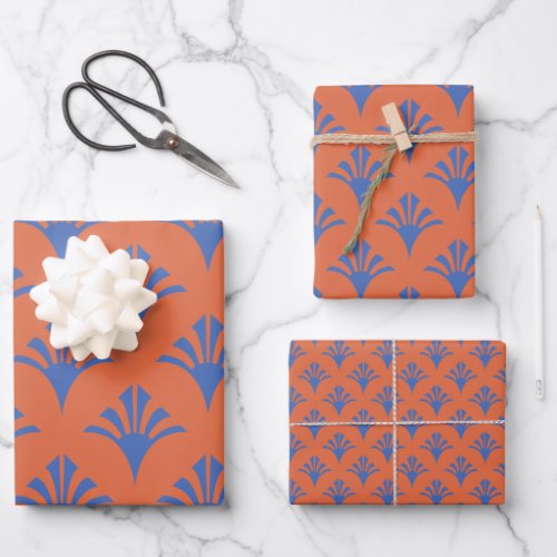 Art Deco Pattern 02 _ Prussian Blue on Orange Wrapping Paper Sheets