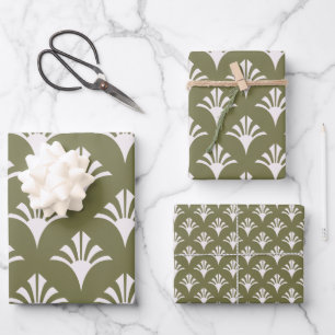 Art Deco Pattern 02 - White on Camouflage Green Wrapping Paper Sheets