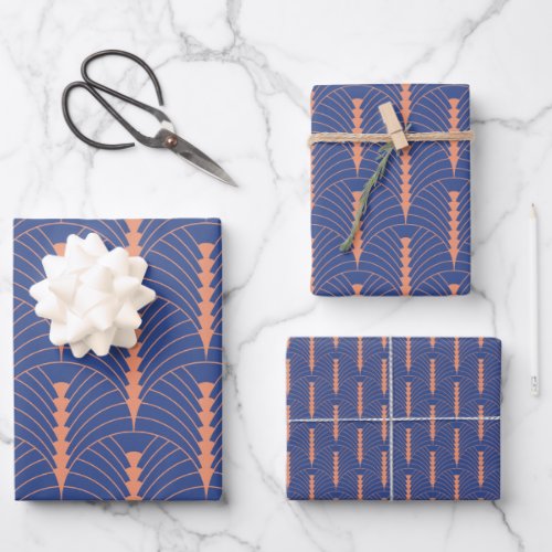 Art Deco Pattern 03 _ Orange on Prussian Blue Wrapping Paper Sheets