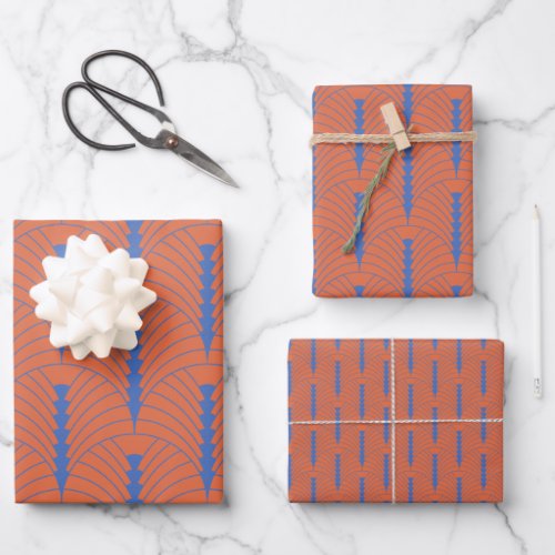 Art Deco Pattern 03 _ Prussian Blue on Orange Wrapping Paper Sheets